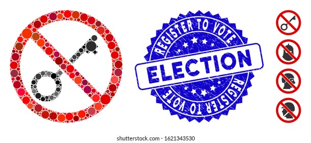 Mosaic no key icon and grunge stamp seal with Register to Vote Election phrase. Mosaic vector is designed with no key icon and with scattered circle elements.