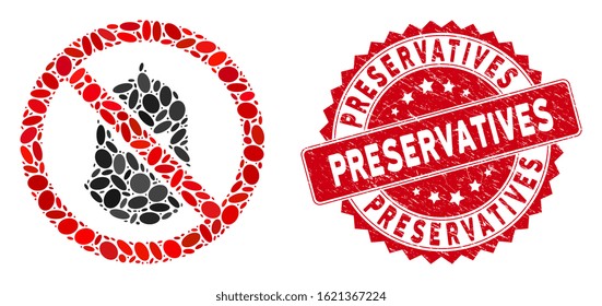 Mosaic no killer icon and red corroded stamp seal with Preservatives caption. Mosaic vector is designed with no killer icon and with randomized ellipse spots. Preservatives stamp uses red color,