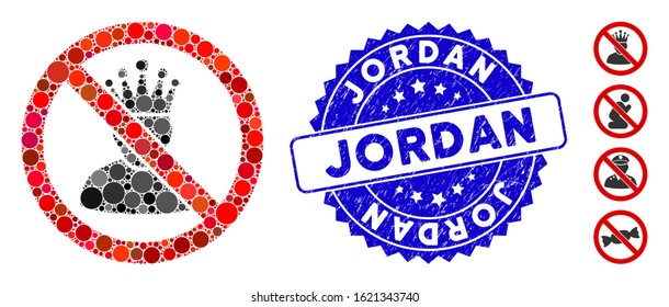 Mosaic no king icon and rubber stamp seal with Jordan text. Mosaic vector is designed with no king icon and with randomized circle items. Jordan stamp uses blue color, and scratched design.