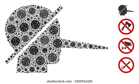 Mosaic no liars designed from flu virus icons in variable sizes and color hues. Vector infection icons are organized into abstract mosaic no liars icon. Some bonus icons are added.
