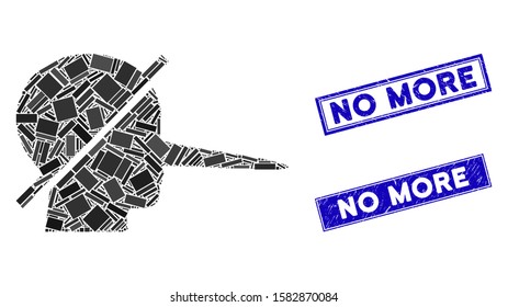 Mosaic no liars pictogram and rectangular No More seal stamps. Flat vector no liars mosaic pictogram of scattered rotated rectangular elements. Blue No More seal stamps with corroded texture.