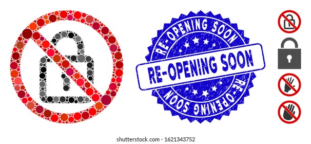 Mosaic no lock icon and corroded stamp seal with Re-Opening Soon caption. Mosaic vector is composed with no lock icon and with randomized spheric elements. Re-Opening Soon stamp seal uses blue color,