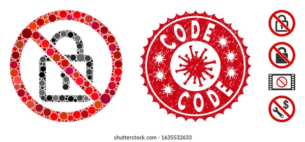 Mosaic no lock icon and red rounded rubber stamp watermark with Code caption and coronavirus symbol. Mosaic vector is designed with no lock icon and with scattered circle items.