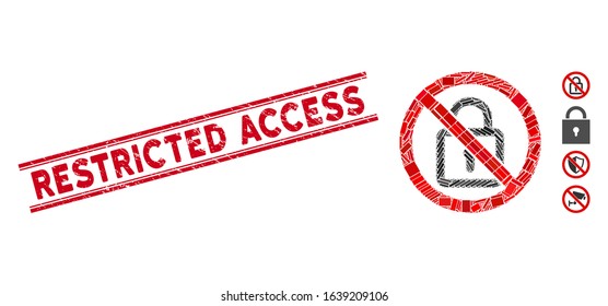 Mosaic no lock icon and red Restricted Access seal between double parallel lines. Flat vector no lock mosaic icon of randomized rotated rectangle elements.
