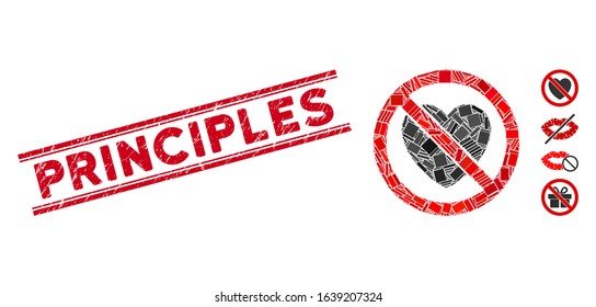 Mosaic no love pictogram and red Principles rubber print between double parallel lines. Flat vector no love mosaic pictogram of randomized rotated rectangle elements.