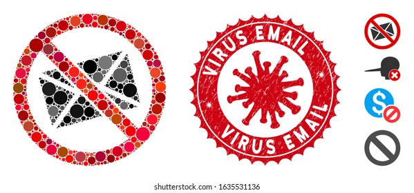 Mosaic no mail icon and red rounded rubber stamp seal with Virus Email phrase and coronavirus symbol. Mosaic vector is created with no mail icon and with randomized spheric elements.