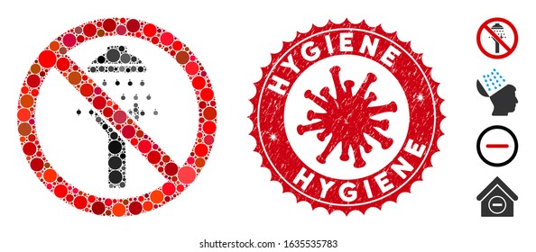 Mosaic no man shower icon and red round grunge stamp seal with Hygiene phrase and coronavirus symbol. Mosaic vector is composed from no man shower icon and with scattered round items.