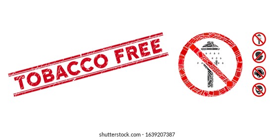 Mosaic no man shower pictogram and red Tobacco Free rubber print between double parallel lines. Flat vector no man shower mosaic pictogram of randomized rotated rectangular items.
