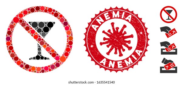 Mosaic no martini glass icon and red rounded rubber stamp watermark with Anemia phrase and coronavirus symbol. Mosaic vector is designed from no martini glass icon and with random spheric elements.