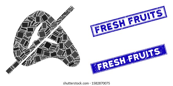 Mosaic no meat icon and rectangle Fresh Fruits rubber prints. Flat vector no meat mosaic icon of scattered rotated rectangle elements. Blue Fresh Fruits watermarks with rubber textures.