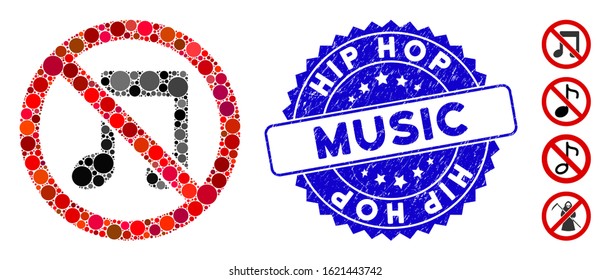 Mosaic no melody icon and rubber stamp seal with Hip Hop Music text. Mosaic vector is formed with no melody pictogram and with randomized circle items. Hip Hop Music stamp seal uses blue color,