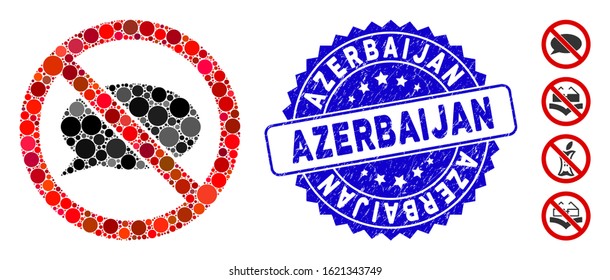Mosaic no message icon and grunge stamp seal with Azerbaijan phrase. Mosaic vector is composed with no message icon and with scattered spheric spots. Azerbaijan stamp seal uses blue color,