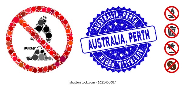 Mosaic no microscope icon and corroded stamp seal with Australia, Perth caption. Mosaic vector is formed from no microscope icon and with random circle spots. Australia,