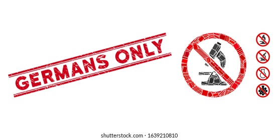 Mosaic no microscope pictogram and red Germans Only watermark between double parallel lines. Flat vector no microscope mosaic pictogram of randomized rotated rectangular elements.