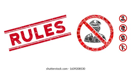 Mosaic no military officer icon and red Rules seal stamp between double parallel lines. Flat vector no military officer mosaic icon of scattered rotated rectangular elements.