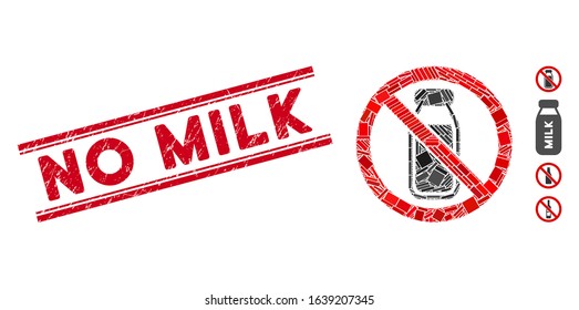 Mosaic no milk bottle pictogram and red No Milk seal stamp between double parallel lines. Flat vector no milk bottle mosaic pictogram of random rotated rectangle elements.