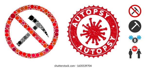 Mosaic no mining tools icon and red round rubber stamp seal with Autopsy phrase and coronavirus symbol. Mosaic vector is designed with no mining tools pictogram and with random round items.