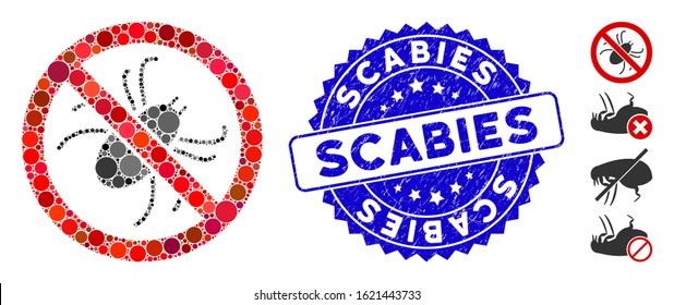 Mosaic no mite icon and rubber stamp seal with Scabies text. Mosaic vector is composed with no mite icon and with scattered round spots. Scabies stamp uses blue color, and rubber texture.