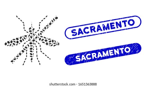 Mosaic no mosquito and corroded stamp seals with Sacramento caption. Mosaic vector no mosquito is composed with randomized elliptic elements. Sacramento stamp seals use blue color,