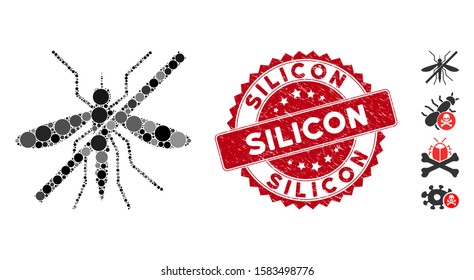 Mosaic no mosquito icon and grunge stamp seal with Silicon phrase. Mosaic vector is created with no mosquito icon and with scattered circle elements. Silicon stamp uses red color, and grunge texture.