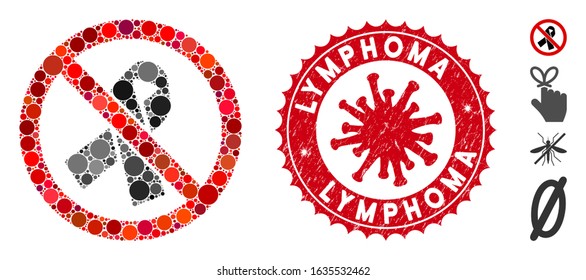 Mosaic no mourning ribbon icon and red rounded grunge stamp seal with Lymphoma phrase and coronavirus symbol. Mosaic vector is formed with no mourning ribbon icon and with random round elements.