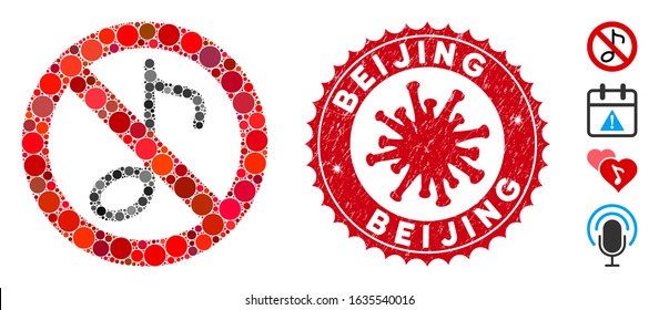 Mosaic no musical note icon and red round rubber stamp watermark with Beijing phrase and coronavirus symbol. Mosaic vector is designed with no musical note icon and with scattered round spots.