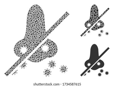 Mosaico Icono de propagación sin virus nasal unido de elementos desiguales en diferentes tamaños, posiciones y proporciones. Los puntos desiguales vectoriales se unen en mosaico abstracto no en icono de propagación de virus nasal.
