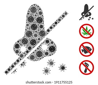 Mosaic no nasal virus spread constructed from SARS virus icons in various sizes and color hues. Vector infection parts are organized into abstract mosaic no nasal virus spread icon.