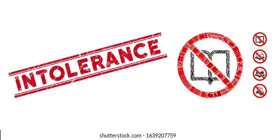 Mosaic no open book icon and red Intolerance rubber print between double parallel lines. Flat vector no open book mosaic icon of random rotated rectangular items.