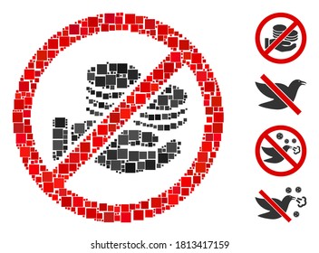 Mosaic No pay coins icon designed from square items in variable sizes and color hues. Vector square elements are arranged into abstract mosaic no pay coins icon. Bonus pictograms are added.