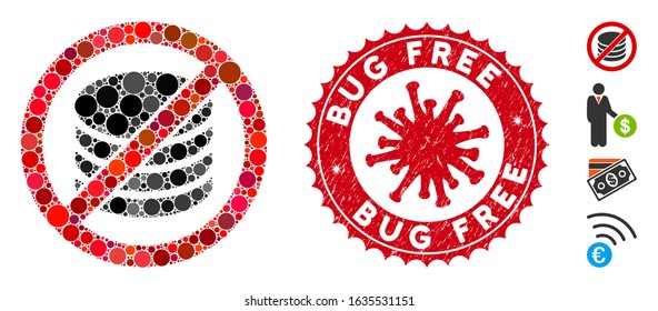 Mosaic no payment icon and red round corroded stamp seal with Bug Free caption and coronavirus symbol. Mosaic vector is created from no payment icon and with scattered round items.