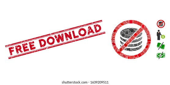 Mosaic no payment icon and red Free Download watermark between double parallel lines. Flat vector no payment mosaic icon of random rotated rectangular items.