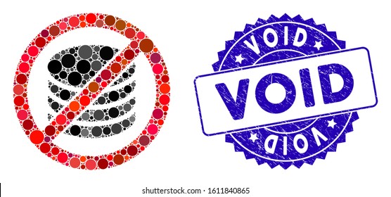 Mosaic no payment icon and rubber stamp seal with Void text. Mosaic vector is composed with no payment icon and with randomized round spots. Void stamp uses blue color, and scratched texture.