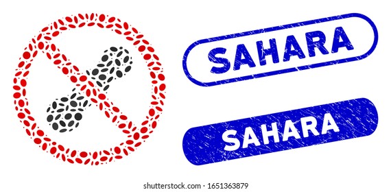 Mosaic no peanut and corroded stamp seals with Sahara caption. Mosaic vector no peanut is formed with scattered elliptic elements. Sahara stamp seals use blue color, and have round rectangle shape.