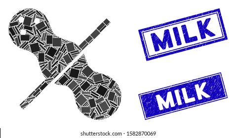 Mosaic no peanuts icon and rectangle Milk watermarks. Flat vector no peanuts mosaic icon of random rotated rectangle items. Blue Milk watermarks with grunge texture.