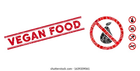 Mosaic no pear icon and red Vegan Food rubber print between double parallel lines. Flat vector no pear mosaic icon of randomized rotated rectangular elements.
