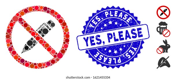 Mosaic no pencil icon and distressed stamp seal with Yes, Please text. Mosaic vector is created with no pencil pictogram and with scattered spheric elements. Yes, Please stamp seal uses blue color,
