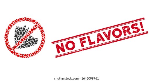Mosaic no pig icon and distressed stamp seal with red No Flavors Exclamation text between double parallel lines. Mosaic vector is designed with no pig icon and with scattered oval items.