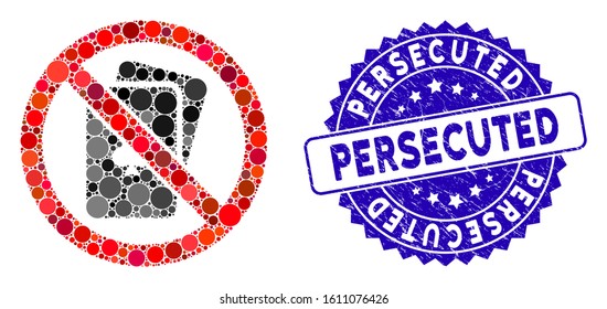 Mosaic no playing cards icon and distressed stamp seal with Persecuted phrase. Mosaic vector is formed with no playing cards icon and with scattered spheric spots.