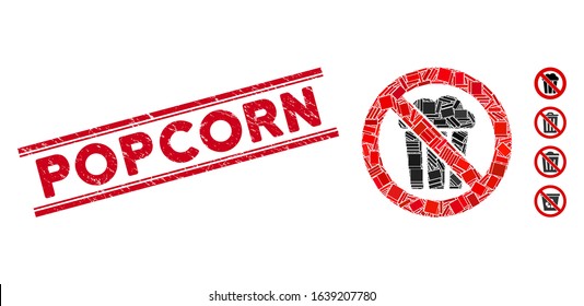 Mosaic no popcorn bucket icon and red Popcorn seal between double parallel lines. Flat vector no popcorn bucket mosaic icon of randomized rotated rectangle elements.