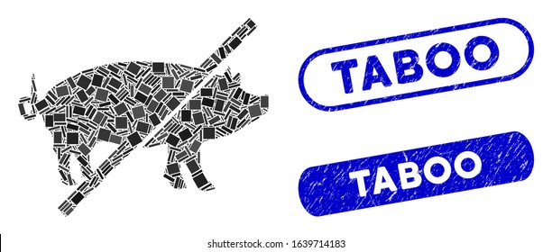 Mosaic no pork icon and red round corroded stamp seal with Taboo text and coronavirus symbol. Mosaic vector is designed with no pork pictogram and with scattered spheric elements.