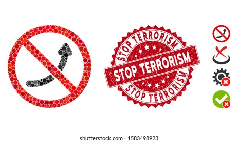 Mosaic no potency icon and corroded stamp seal with Stop Terrorism text. Mosaic vector is designed with no potency icon and with random round elements. Stop Terrorism stamp uses red color,