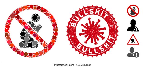 Mosaic no praying icon and red rounded corroded stamp watermark with Bullshit text and coronavirus symbol. Mosaic vector is composed with no praying icon and with randomized circle spots.