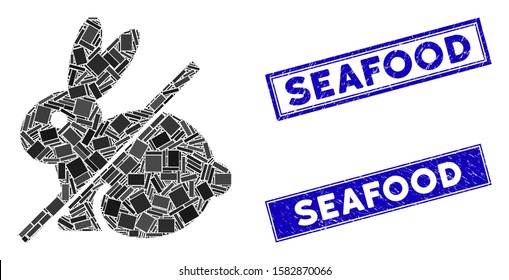 Mosaic no rabbit pictogram and rectangle Seafood seal stamps. Flat vector no rabbit mosaic pictogram of randomized rotated rectangle elements. Blue Seafood rubber stamps with scratched textures.