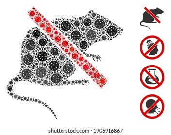 Mosaic no rat organized from covid-2019 virus icons in different sizes and color hues. Vector viral icons are united into abstract mosaic no rat icon. Some bonus icons are added.