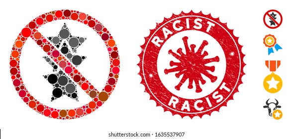 Mosaic no rating stars icon and red round rubber stamp seal with Racist caption and coronavirus symbol. Mosaic vector is composed from no rating stars icon and with random spheric spots.