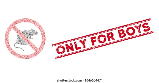 Mosaic no rats pictogram and red Only for Boys seal stamp between double parallel lines. Flat vector no rats mosaic pictogram of scattered rotated linear elements.
