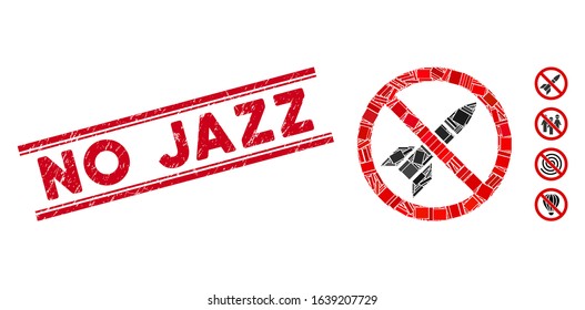 Mosaic no rockets icon and red No Jazz seal stamp between double parallel lines. Flat vector no rockets mosaic pictogram of random rotated rectangular elements.