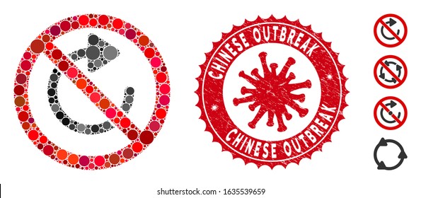 Mosaic no rotation icon and red rounded grunge stamp watermark with Chinese Outbreak caption and coronavirus symbol. Mosaic vector is created with no rotation icon and with scattered round spots.