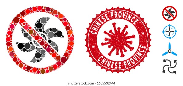 Mosaic no rotor icon and red rounded grunge stamp watermark with Chinese Province caption and coronavirus symbol. Mosaic vector is formed with no rotor icon and with random circle spots.